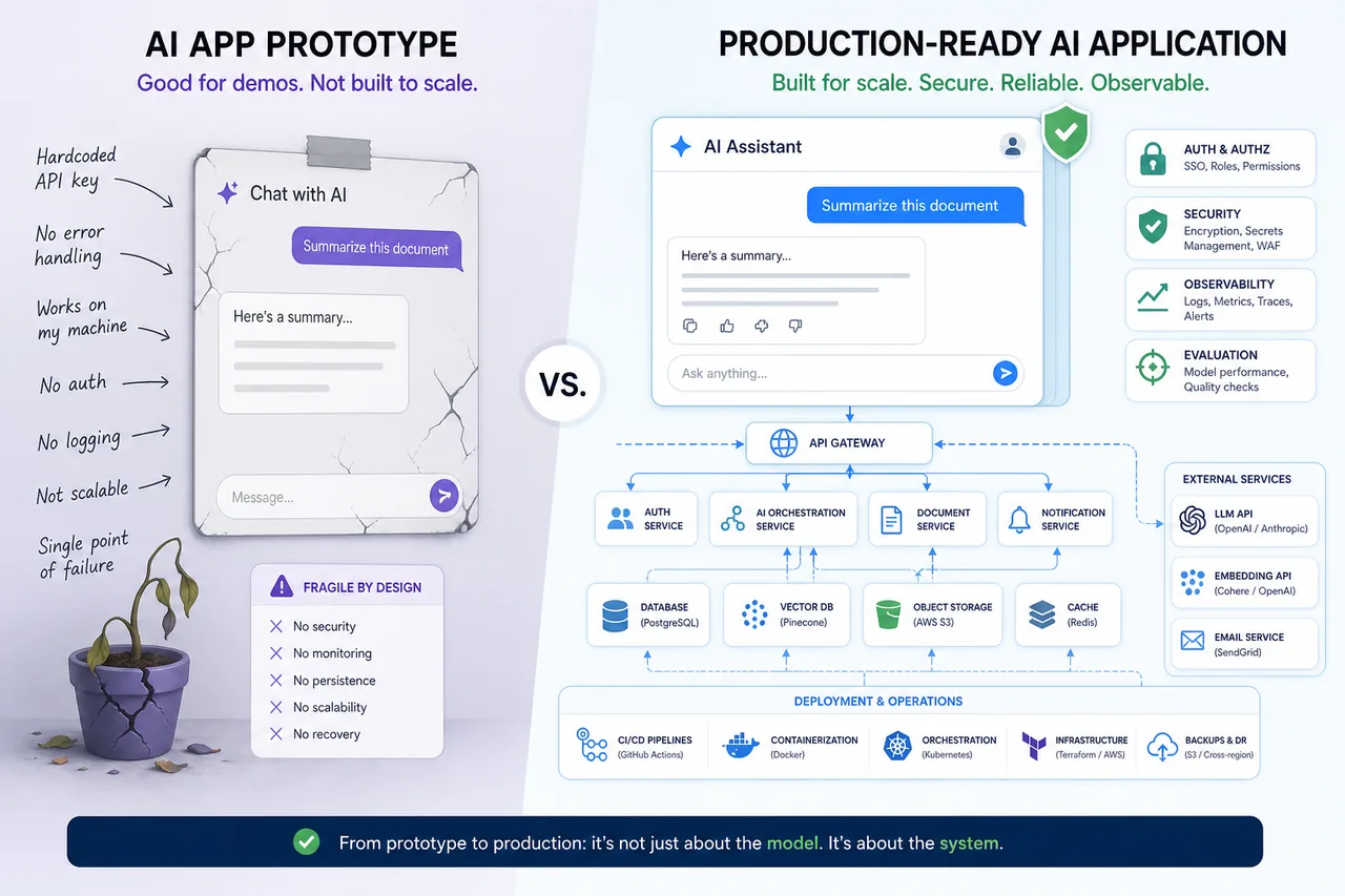 Illustration comparing prototype AI app and production-ready AI application