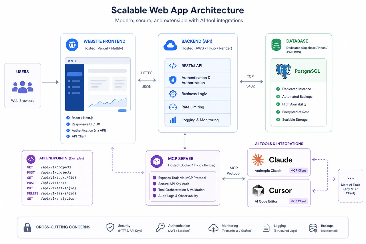 Illustration of scalable app architecture with frontend, backend, Postgres, API, and MCP